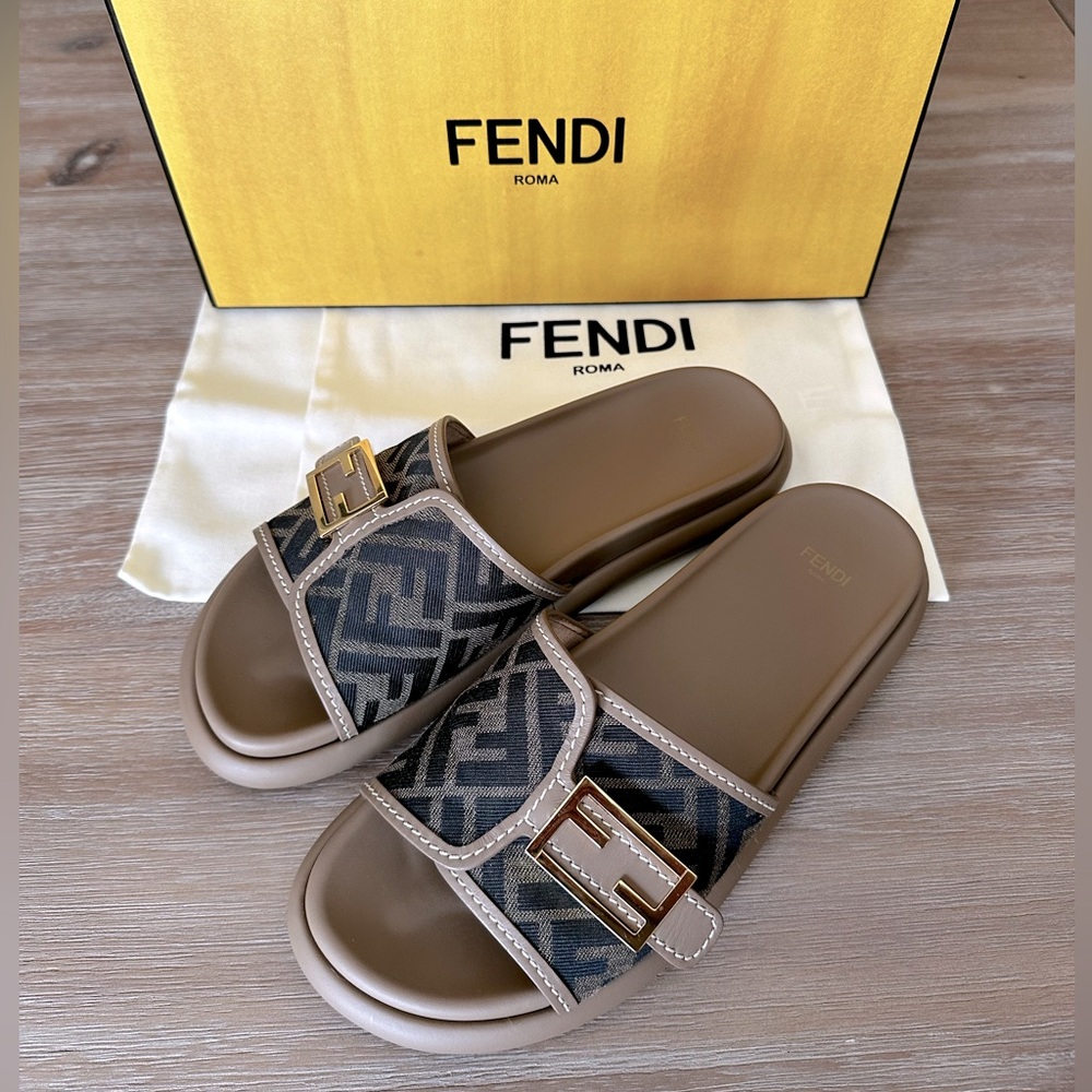 FENDI Sandals Slides Jacquard FF buckle tabacco nero size 40